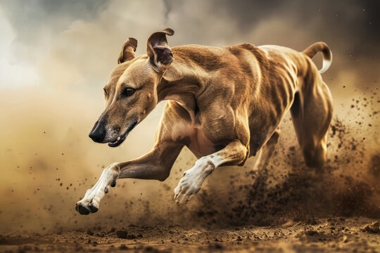 Powerful greyhound in full sprint on a dusty track. Generative AI image