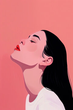Minimalist female portrait with pink backdrop. Generative AI image