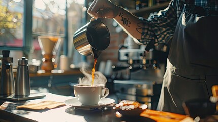 A barista pouring freshly brewed coffee into a cup at a cozy cafe, with morning sunlight filtering in. - Powered by Adobe