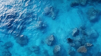 An Aerial View of Crystal Clear Blue Ocean Water with Underwater Rocks and Ripples