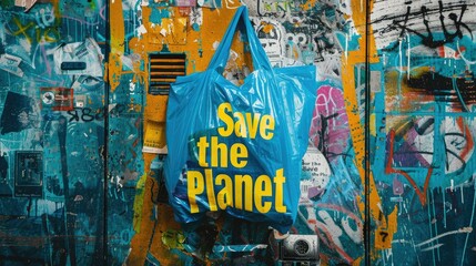 A biodegradable plastic bag with a "Save the Planet" slogan against a colorful background.