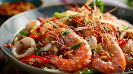A close-up shot of som tam talay ruam, showcasing the mix of fresh seafood and crunchy vegetables.