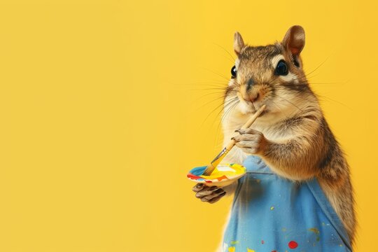 A chipmunk in a painters smock, holding a paintbrush and palette, set against a solid pastel yellow background with copy space