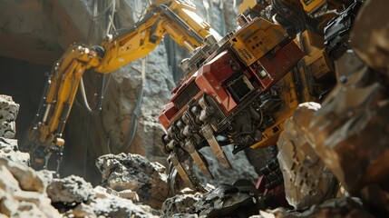 Fototapeta premium A close up of a mining robot drilling through rock with precision, each movement calculated for efficiency and safety, highlighted by a cinematic look to emphasize the technology