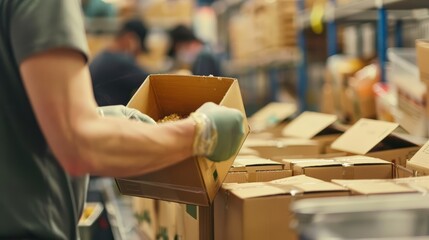 A close up of a volunteer packing meals at a nonprofit organization, each box carefully filled with essentials, with a blurry background suggesting a busy and dedicated team