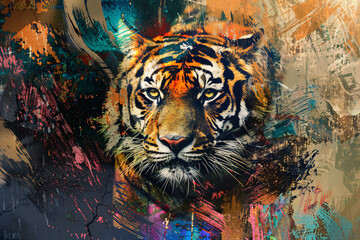 A tiger is painted in a colorful swirl