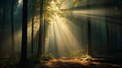 A mystical forest with tall trees and rays of sunlight filtering through the canopy 