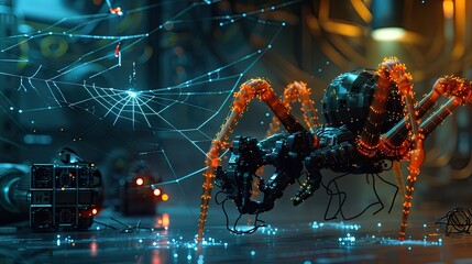 Fototapeta premium A mechanical spider crafting an intricate web of fiber optics in a dimly lit room.
