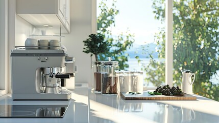 A modern kitchen with a coffee maker brewing fresh coffee and a bright morning view outside.