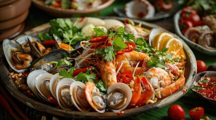 A mouth-watering som tam talay ruam with an assortment of seafood, topped with fresh herbs and chili.