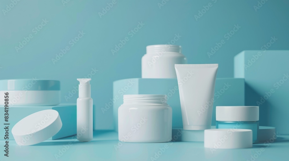 Poster a collection of white containers placed on a blue surface, suitable for use in various settings such