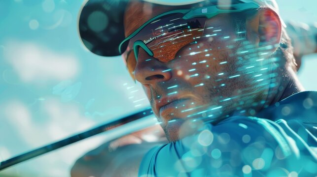 A closeup of a golfer teeing off, their face showing concentration, with a blurry golf course background, hitech HUD hologram, cinematic look, and sharpened with copy space