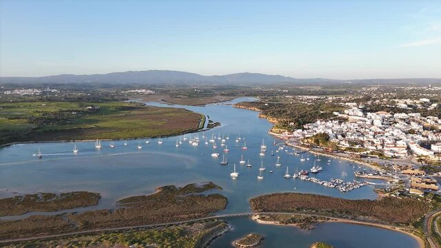Aerial view of the Marina de Alvor and the delta of the Alvor River. Algarve, Portugal