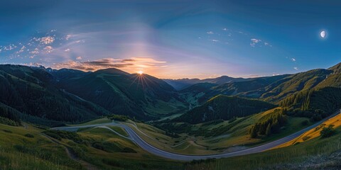 A scenic view of a winding road set against the backdrop of a sunset over the mountains