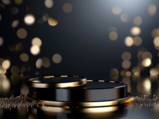Luxury rounded black podium with shiny gold color scene on dark background