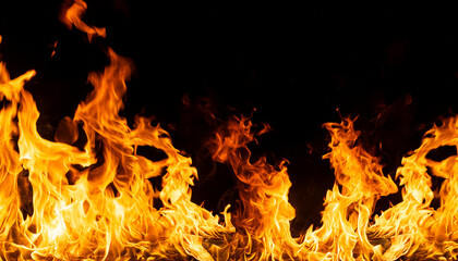 Obraz premium Panorama Fire flames on black background. fire burst texture for banner backdrop.