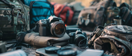 Fototapeta premium A closeup of an adventure travel gear setup