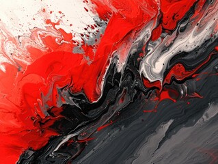 Abstract painting featuring bold red and black shapes on a white background, suitable for use in artistic or design contexts