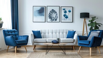 A cozy modern living room with blue and white furniture, ideal for interior design or lifestyle photoshoots
