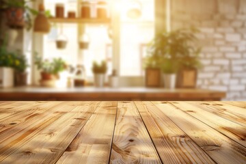 Empty wooden table with blurred background of a bright indoor kitchen with plants and sunlight. Interior scene with copy space. Home and kitchen decor concept for design and print