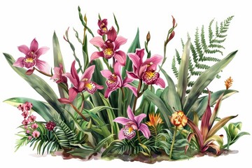 A kawaii watercolor of cymbidium orchids, with their exotic blooms, in a lush tropical garden, surrounded by other orchids and ferns, clipart isolated on white