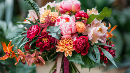A bright holiday bouquet of purple, pink and orange flowers and tropical plant leaves