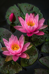 Bright pink lotus flowers with large green leaves in the lake water