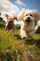 two dogs playing in the grass, generative ai