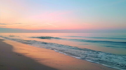 Obraz premium Tranquil Beach at Sunrise with Gentle Waves and Soft Pastel Sky