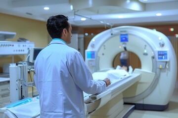 A radiologist examining MRI scans, focusing on detecting any abnormalities or issues