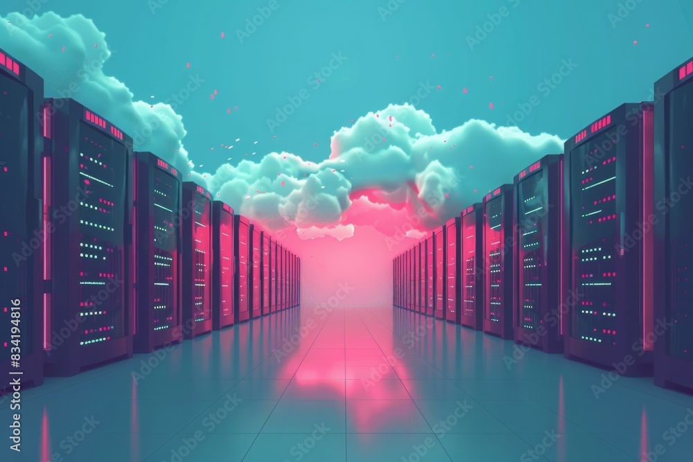 Aufkleber conceptual image of a futuristic data center with rows of servers and a glowing pink cloudscape.