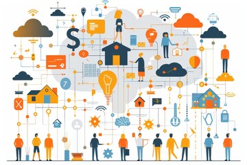 Diverse urban community illustrated in vibrant, engaging cityscape vector.