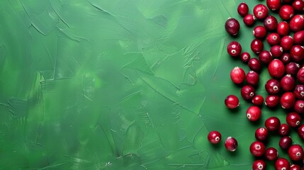 Fresh and sweet cranberries on a green background. Top view and copy space