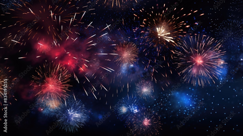 Poster aerial display of colorful fireworks exploding in the night sky