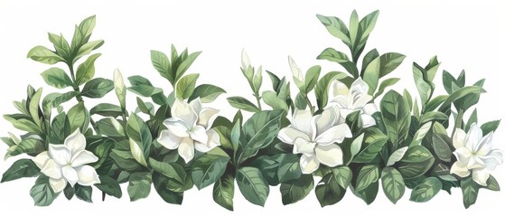 A watercolor of gardenias, with their creamy white petals, in a lush garden, surrounded by green foliage, in a serene and tranquil setting, clipart isolated on white