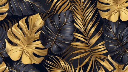 Vector seamless pattern with gold and black tropical leaves on dark background. Exotic botanical background design for cosmetics, spa, textile, hawaiian style shirt. Best as wrapping paper, wallpaper