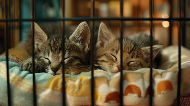 Baby cats napping in a shared bed in a playpen