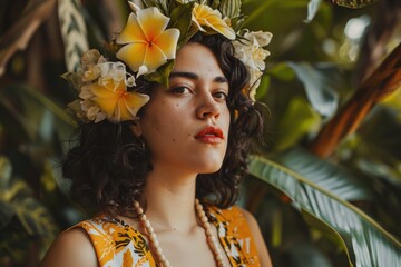 A woman wearing a floral wreath on her head, perhaps for a celebration or ritual
