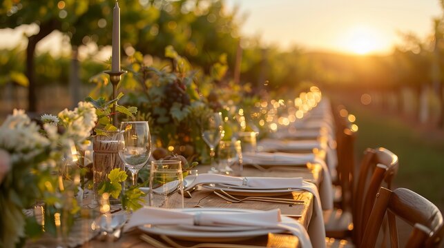 Inviting Wedding Table Setting at Sunset in Vineyard