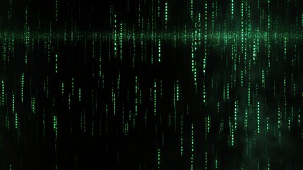 Fototapeta premium A dark room filled with glowing green pixels. The pixels are all different shapes and sizes, and they are all moving in different directions.