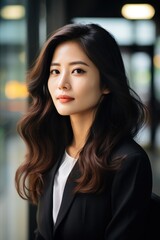 Fototapeta premium A woman wearing a black jacket and white shirt, standing alone