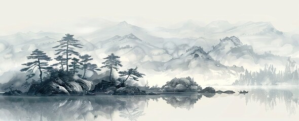 Landscape wallpaper design, oil painting, mountain and trees, mural art. AI generated illustration