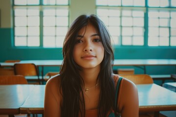A woman sitting at a desk in a classroom with educational materials and a chair