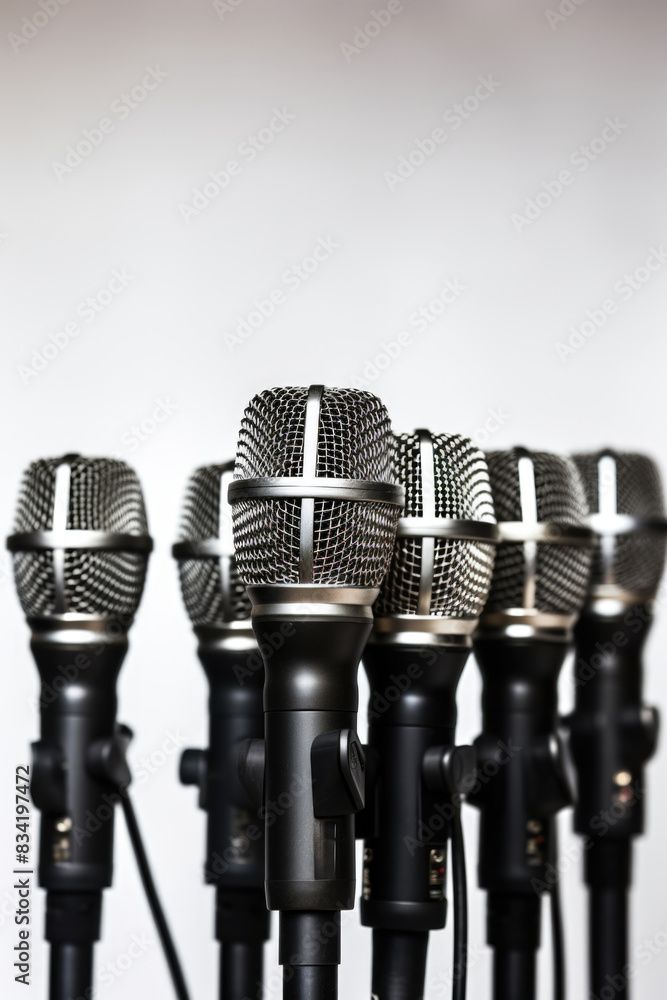Poster a collection of microphones stacked on top of each other, ready for use in a recording studio or liv