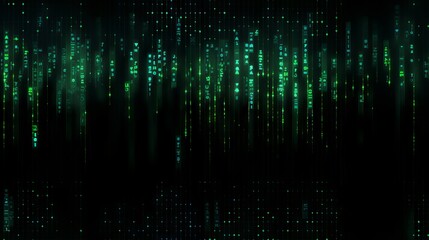 Obraz premium A dark room filled with glowing green pixels. The pixels are all different shapes and sizes, and they are all moving in different directions.
