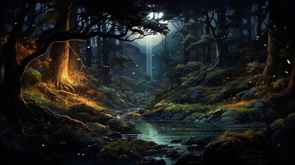 A night scene in a forest where the trees have glowing veins and the leaves emit light - 