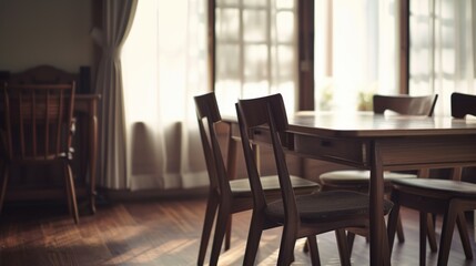 Obraz premium A classic dining setup with a wooden table and matching chairs placed in front of a window