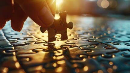 A person holding a puzzle piece with a calm and focused expression, ready to complete the larger image