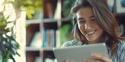 A woman looks at a tablet with a smile, possibly enjoying her favorite content or playing a game