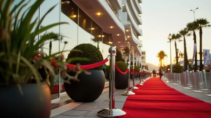 A luxurious entrance with a red carpet and rope, perfect for events or photo shoots